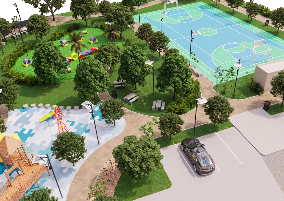 Render arquitectónico del parque de Naranjo Residencial, actualmente en construcción